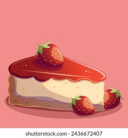 A piece of strawberry cheesecake with fruit filling. Isolated vector illustration.