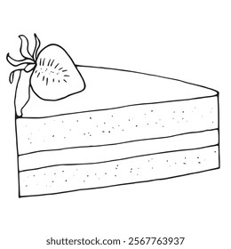 piece of strawberry sponge cake, vector black and white doodle element, coloring book, cute design element