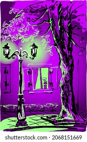 A piece of the street with a tree, a burning lamppost and a window at night. Sketch in two colors: purple and greenish.