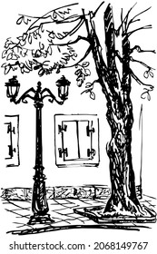 A piece of the street with a tree, a lamppost, and a window with closed shutters. Black and white sketch.