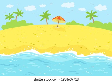 A piece of summer beach and sea with palm trees and an umbrella. Colorful picture in cartoon style. Vector flat illustration.