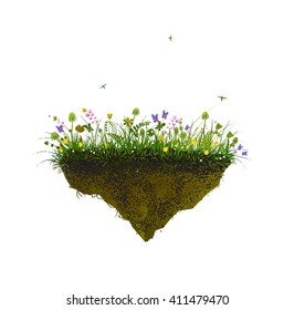 piece of summer, flowers and butterfly on a flying rock on the white background,  vector