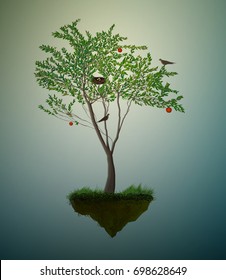 piece of summer, red apple fruit tree with birds and nest growing on the flying rock, vector