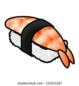 A piece of sushi with a cooked prawn.