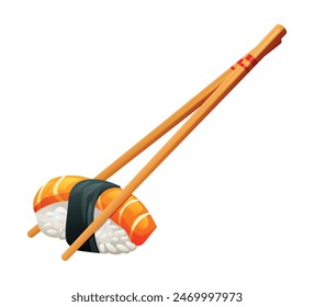 A piece of sushi held with chopsticks. Japanese food vector illustration