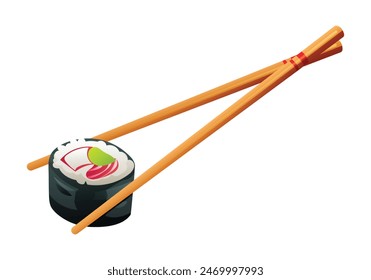 A piece of sushi roll held with chopsticks. Japanese food vector illustration