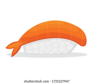 Piece sushi with shrimp and rice, fresh fish cartoon vector illustration. Omega 3 food, healthy seafood stuff icon. Prawn for grill, asian meal concept.