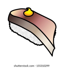 A piece of sushi with a slice of raw mackerel. 