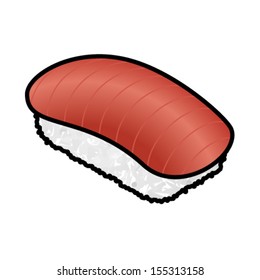 A piece of sushi with a slice of tuna.