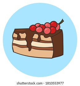 A piece of sweet cake with chocolate icing and red currant, on a blue background. Vector illustration