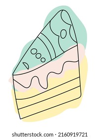Un trozo de tarta dulce. Ilustración vectorial dibujada a mano con garabatos sobre un fondo blanco y con manchas brillantes. Diseño para tarjeta de saludo