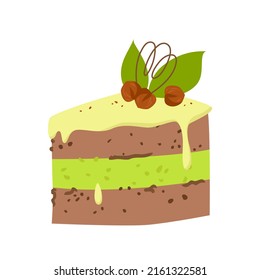 Piece of sweet delicious cake. Dessert slice, pastry products, cream and biscuit, birthday party cake with nuts, confectionery industry, candy shop, coffee break vector illustration
