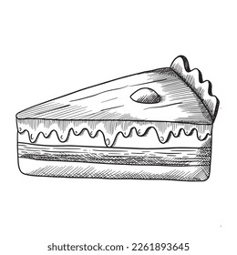 A piece of sweet dessert cake with icing. Vector isolated monochrome sketch illustration.