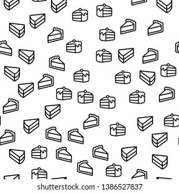 Piece Of Sweet Dessert Seamless Pattern Vector. Piece Of Biscuit With Cherry On Top, Cheesecake And Creamy Cake Monochrome Texture Icons. Confectionery Menu Of Cafeteria Template Flat Illustration