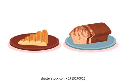 Piece of Sweet Pie and Muffin or Baked Bun Vector Set