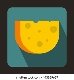Piece of Swiss cheese icon in flat style on a bluegreen background