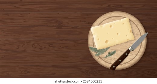 A piece of swiss cheese with knife on a cutting board placed on the wooden table top view graphic illustration have blank space.