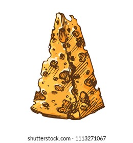 Piece of swiss cheese, slice of cheddar, parmesan hansketched ink illustration isolated on white background. Vintage sketch style.
