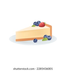 Piece of tasty cheesecake with blueberries 3D illustration. Cartoon drawing of sweet snack, piece of cake with berries on plate in 3D style on white background. Celebration, food, dessert concept