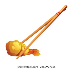 A piece of tempura shrimp held with chopsticks. Japanese food vector illustration