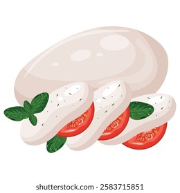 Trozo de queso ​​mozzarella en rodajas finas con tomates y hojas de albahaca llamado ensalada caprese, para varios diseños, carteles o Anuncios