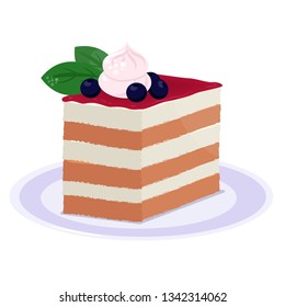A piece of tiramisu dessert isolated on a white plate.
Sweet piece of cake in cartoon style.