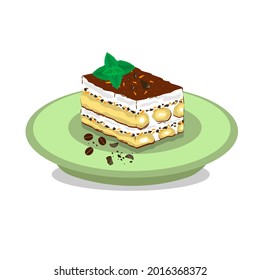 piece of tiramisu on plate. Chocolate, savoyardi cookies, cream cheese, mint. White isolated background