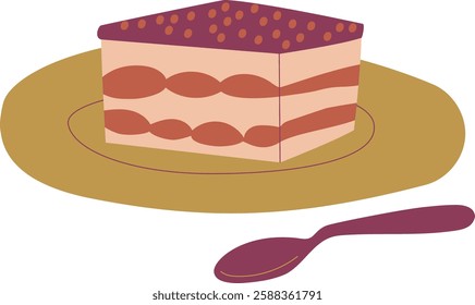 Piece of tiramisu on a plate, a spoon next to it on transparent background. Great for posters, advertisements, banners, flyers and menus