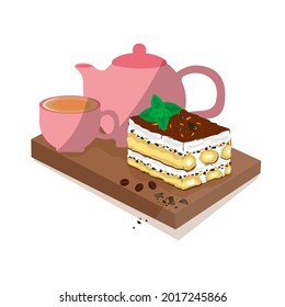 piece of tiramisu with teapot and glass on cutting board. Italian dessert made of savoyardi and mascarpone cookies. Isolated, white background