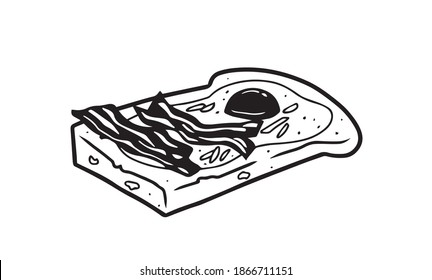 A piece of toasted bread with a fried egg, bacon slices, and seasoning. Black and white vector element in doodle style, isolated on a white background