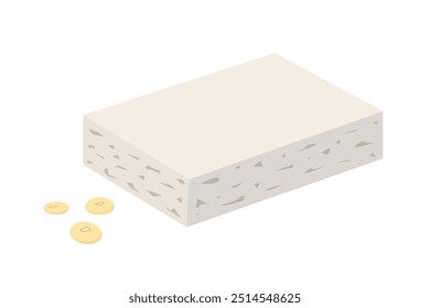 Piece of tofu with soybeans. Vegan cheese and source of protein. Vector illustration isolated on white background