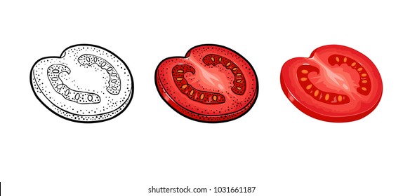 Piece tomato. Engraving and flat vintage vector black and color illustration. Isolated on white background. Hand drawn design element for label and poster