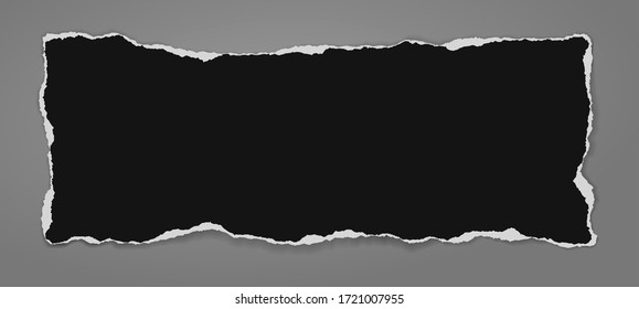 Piece of torn black horizontal note, notebook paper with soft shadow stuck on dark grey background. Vector illustration