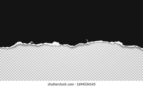 Piece of torn black horizontal paper with soft shadow stuck on white squared background. Vector illustration