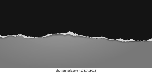 Piece of torn black horizontal paper with soft shadow stuck on dark grey background. Vector illustration