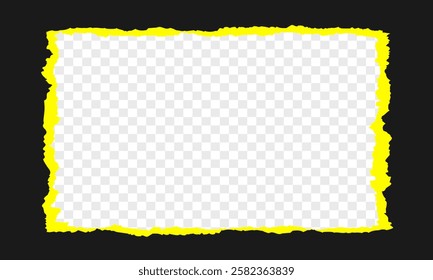 Piece of torn black horizontal paper with soft shadow stuck on transparent background, Pieces of torn, ripped horizontal whitey paper with soft shadow are on black squared background.