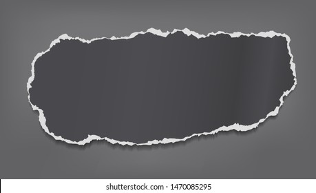 Piece of torn black paper strip with soft shadow is on dark grey background. Vector illustration