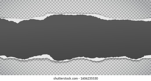 Piece of torn black paper strip with soft shadow is on grey squared background. Vector illustration