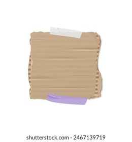 Piece of torn cardboard with sticky tape vector illustration. Realistic ripped corrugated brown paper fragment, craft paper or carton with uneven edges and damaged texture. Empty notice board