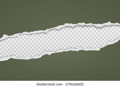 Piece of torn dark green horizontal paper with soft shadow stuck on white squared background. Vector illustration