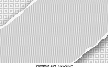 Piece of torn diagonal paper strip with diamond pattern and soft shadow is on grey squared background. Vector illustration.