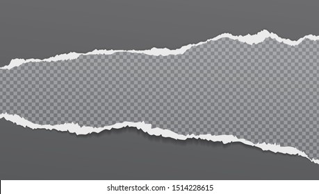 Piece of torn, grey squared realistic paper with soft shadow is on dark grey background. Vector illustration