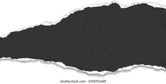 Piece of torn horizontal black stained paper with soft shadow is on white background for text. Vector illustration