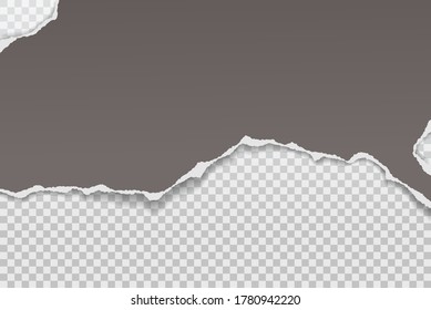 Piece of torn and horizontal dark grey paper with soft shadow is on squared background for text. Vector illustration