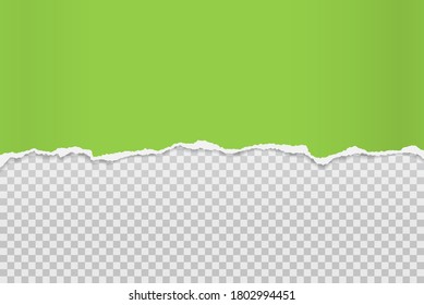 Piece of torn and horizontal green paper with soft shadow is on squared background for text. Vector illustration