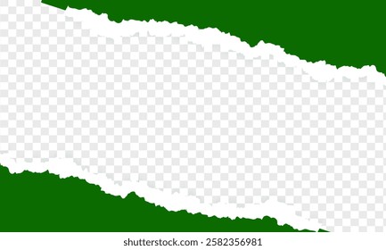 Piece of torn and horizontal green paper with soft shadow is on squared background for text, Torn paper rolled strip over grey realistic vector illustration. Teared page. Destroyed document sheet 3d.