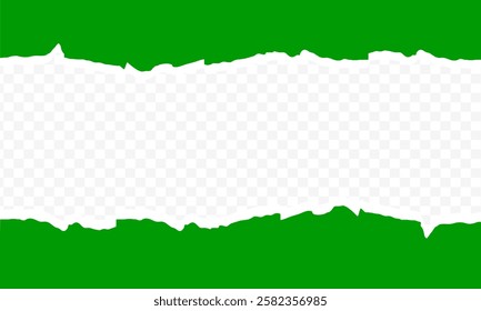 Piece of torn and horizontal green paper with soft shadow is on squared background for text, Torn paper rolled strip over grey realistic vector illustration. Teared page. Destroyed document sheet 3d.