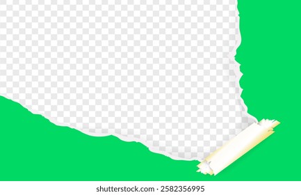 Piece of torn and horizontal green paper with soft shadow is on squared background for text, Torn paper rolled strip over grey realistic vector illustration. Teared page. Destroyed document sheet 3d.