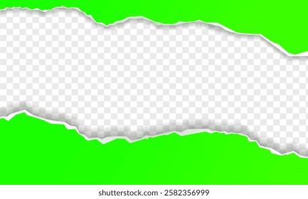 Piece of torn and horizontal green paper with soft shadow is on squared background for text, Torn paper rolled strip over grey realistic vector illustration. Teared page. Destroyed document sheet 3d.