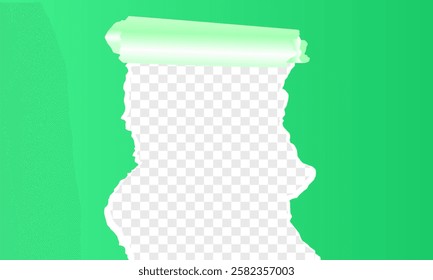 Piece of torn and horizontal green paper with soft shadow is on squared background for text, Torn paper rolled strip over grey realistic vector illustration. Teared page. Destroyed document sheet 3d.